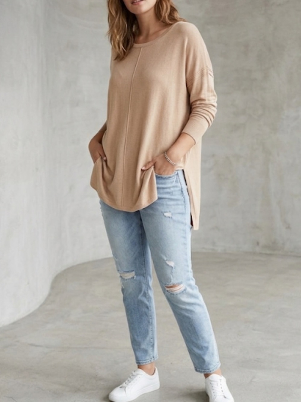⁠H&M Beige Oversized Knit Tunic Sweater M Boho Drop Shoulder High Low Pullover⁠